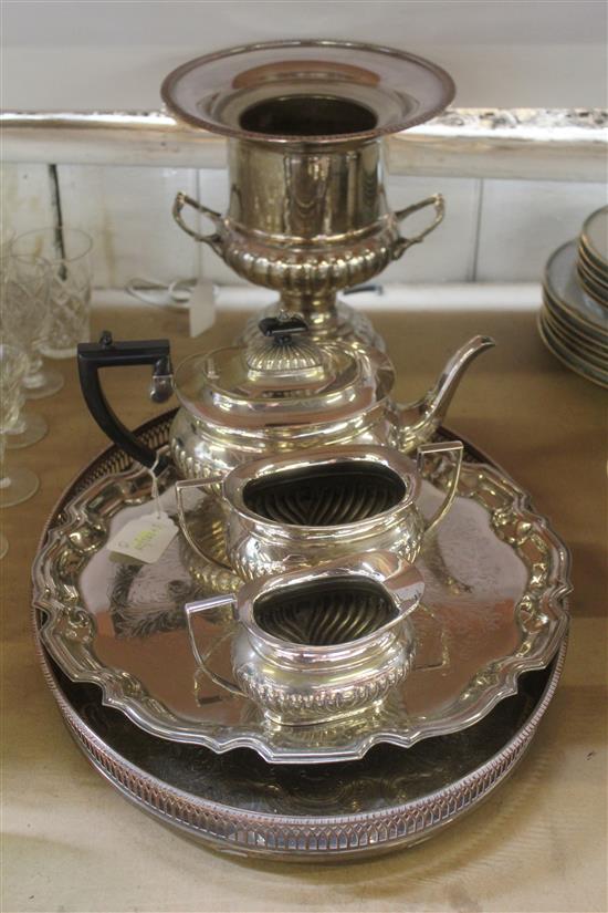 Three piece plated tea set, a tray, a wine cooler and a salver (6)